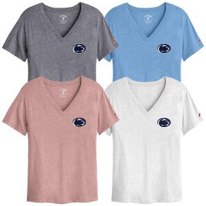 women's short sleeve heather gray, light blue, pink, and white v-neck t-shirts with Penn State Athletic Logo on left chest